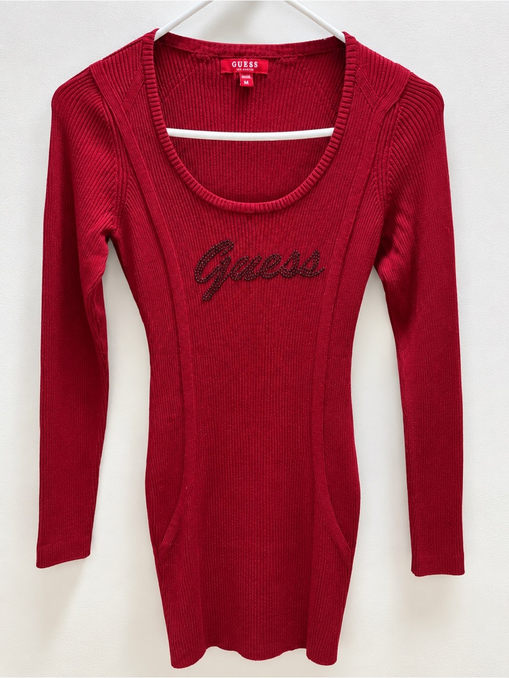 Guess Rhinestone Logo Scoop Neck Mini Dress Red Mini Dress